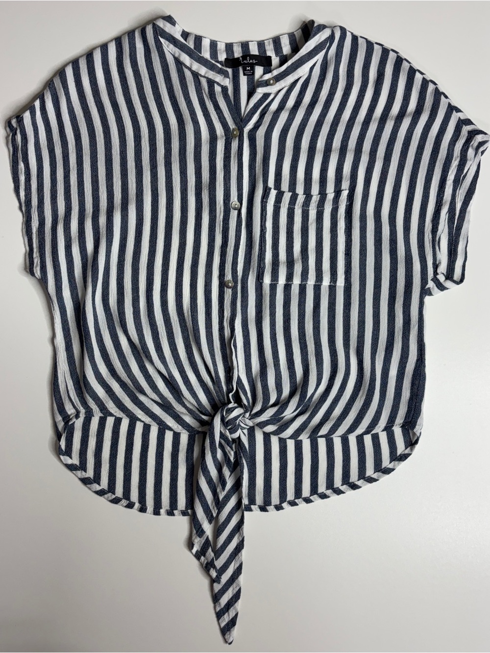 Lulus Coastal Nautical Blue White Striped Tie Front Beachy Boho Top M